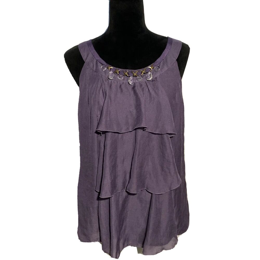 LOFT Tank Top MED Muted Purple‎ Tier Ruffle Front Bead Bow Tie Lined